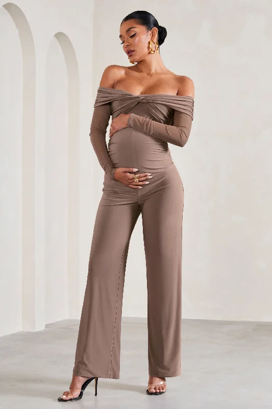 Women's Jumpsuits with Shawl CollarKyla | Mocha Ruched Bardot Long-Sleeved Wide-Leg Maternity Jumpsuit