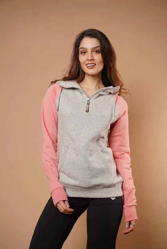 Women's Hooded Sweatshirts with Tapered WaistFaith Half-Zip Hoodie in Guava/Light Heather Grey