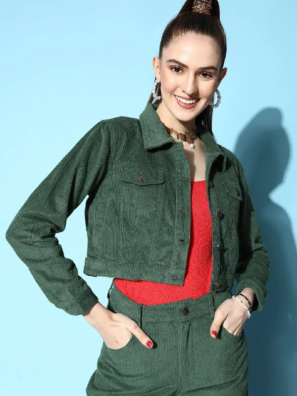 Women's PeacoatsWomen Green Corduroy Boxy Jacket