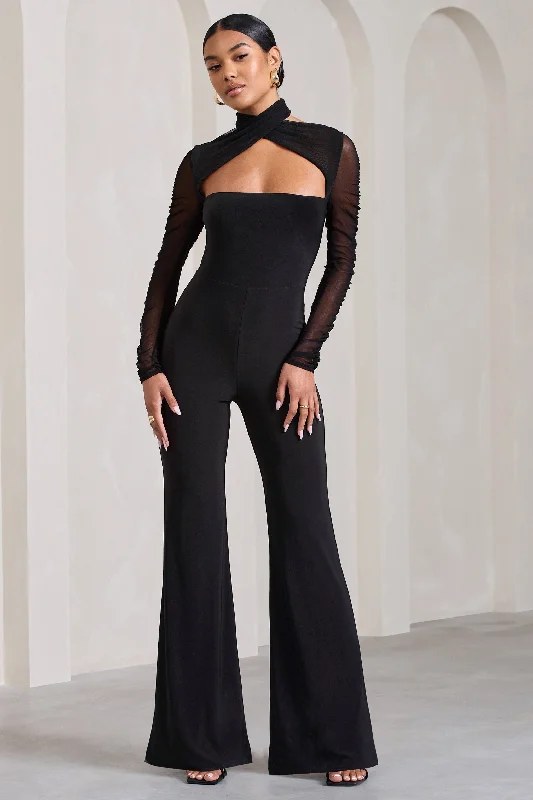 Women's Jumpsuits with Short LengthFallon | Black Flared-Leg Jumpsuit With Long Mesh Sleeves