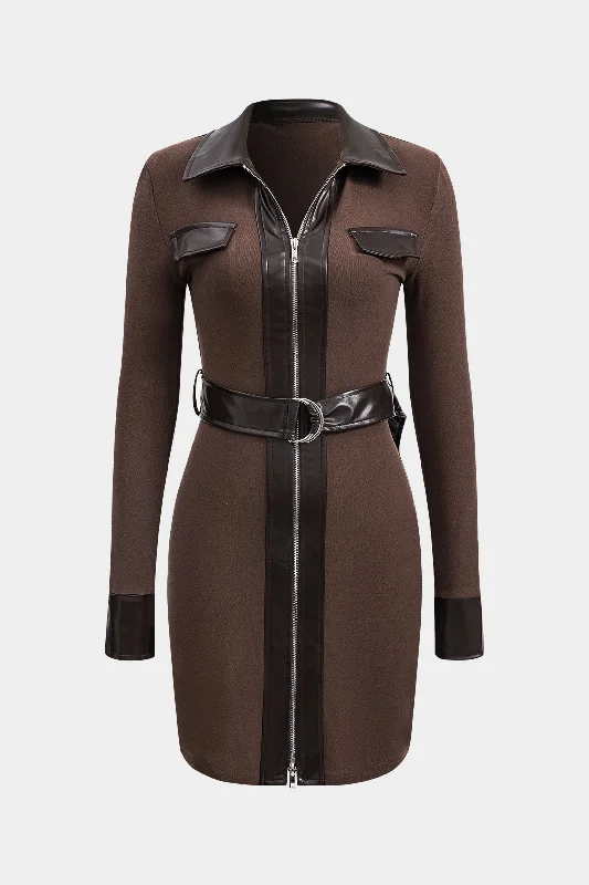 Women's Wide Collar DressesFaux Leather Patchwork Long Sleeve Mini Dress