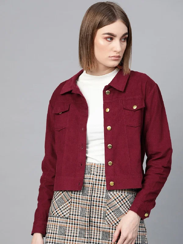 Women's Coats with Fur Trimmed PocketsMaroon Corduroy Bomber Jacket