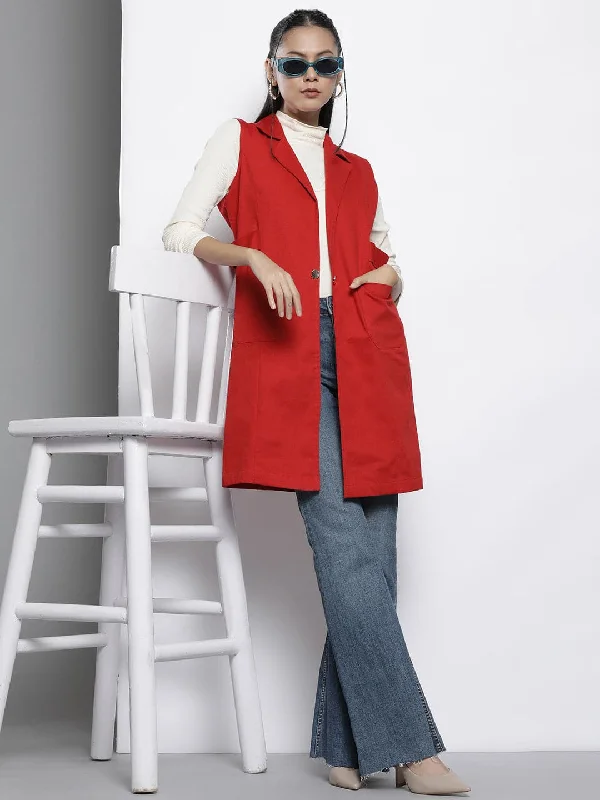 Women's Hooded CoatsWomen Red Twill Longline Sleeveless Jacket