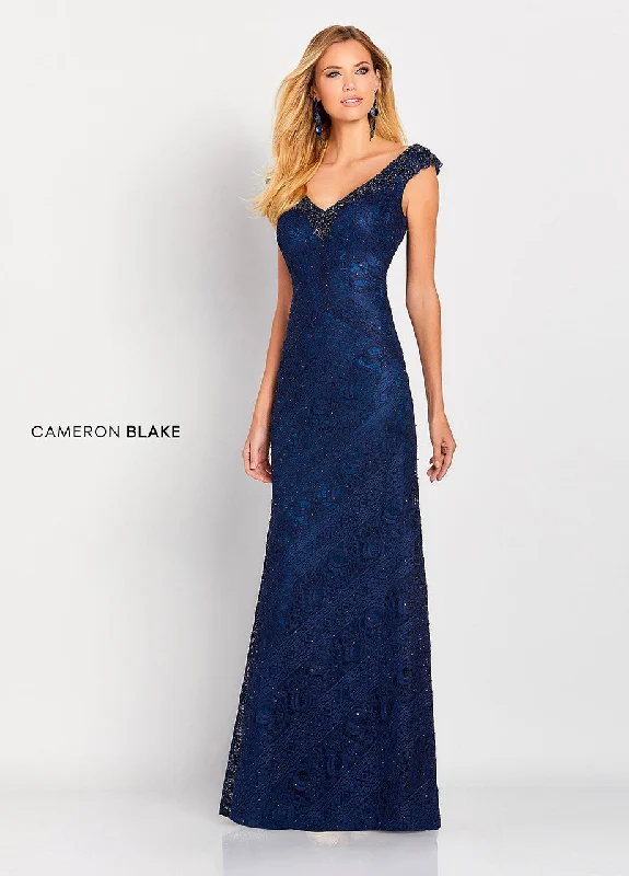 Women's Mandarin Collar DressesCameron Blake 119661 Slim A-Line Lace Gown with Beaded V-neckline and Small Cap Sleeve