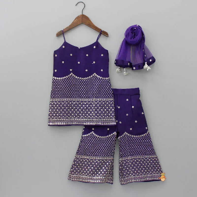 Women's Jumpsuits with ZipperSequins And Thread Embroidered Purple Strappy Kurti With Palazzo And Net Dupatta