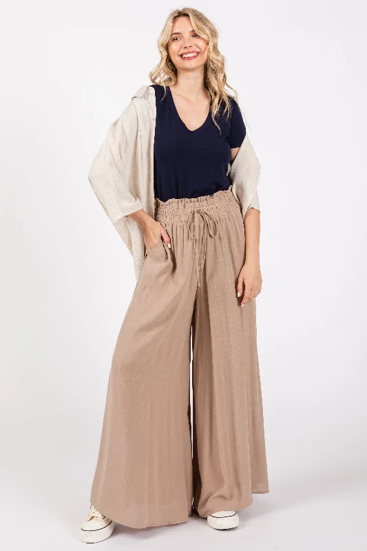 Women's Jodhpur BootsTaupe Wide Leg Smocked Lightweight Pants