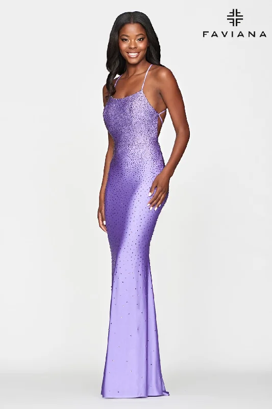 Women's High-Low DressesFaviana S10506 Scoop-Neck Hotstone Fit & Flare Gown With Lace-Up Back | Lilac, Royal, Hot Pink, Sunburst Orange