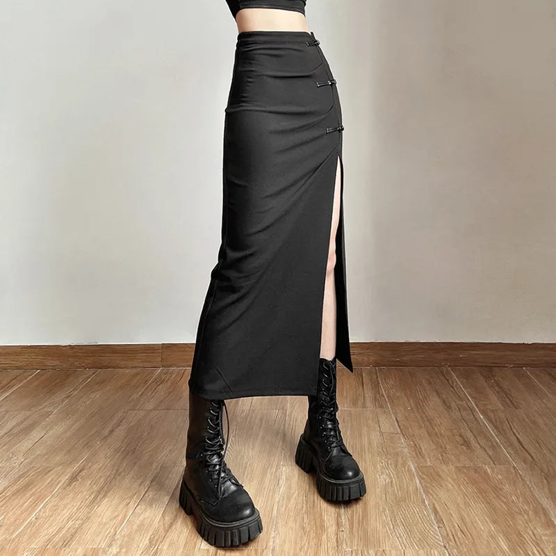 Women's Rounded Hem SkirtsBlack Sexy Women A-line Slits High Waist Slim Hip-covering Solid Mid-length Long Streetwear Skirt