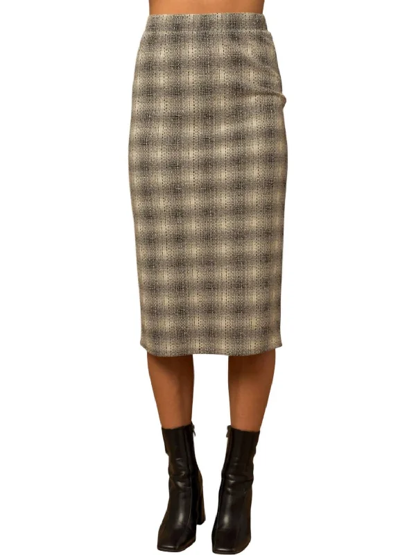 Women's Loose Fit SkirtsElastic Waist Back Slit Plaid Midi Skirt In Black/ivory Plaid