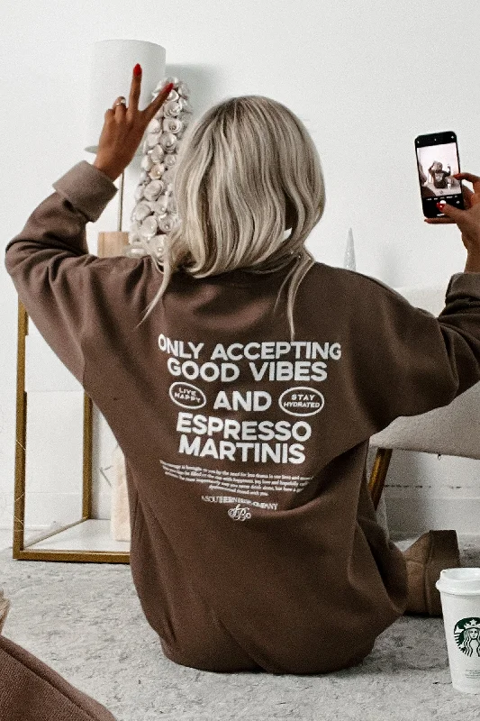 Women's Hooded Sweatshirts with Velvet Lining"Good Vibes And Espresso" Graphic Sweatshirt (Brown)