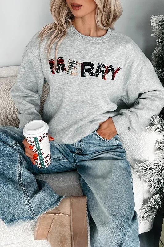 Women's Hooded Sweatshirts with Button PocketsHappy For The Holidays Plaid "Merry" Sweatshirt (Heather Grey)