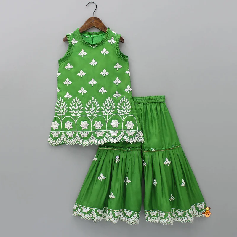 Women's Jumpsuits with Square CollarBeautiful Faux Mirror Work Green Kurti And Pleated Sharara