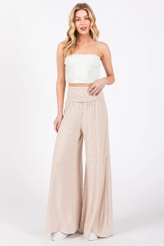 Women's Jodhpurs with Short LengthBeige Ribbed Foldover Waist Wide Leg Pants