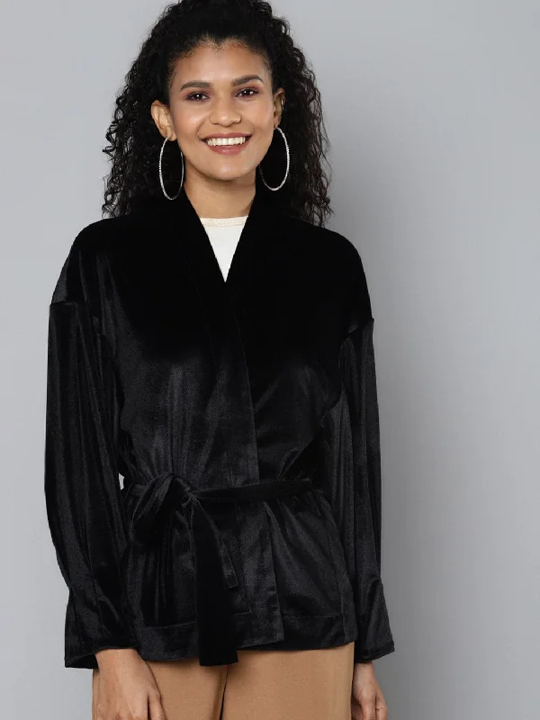 Stylish Women's CoatsBlack Velvet Open Belted Kimono Jacket