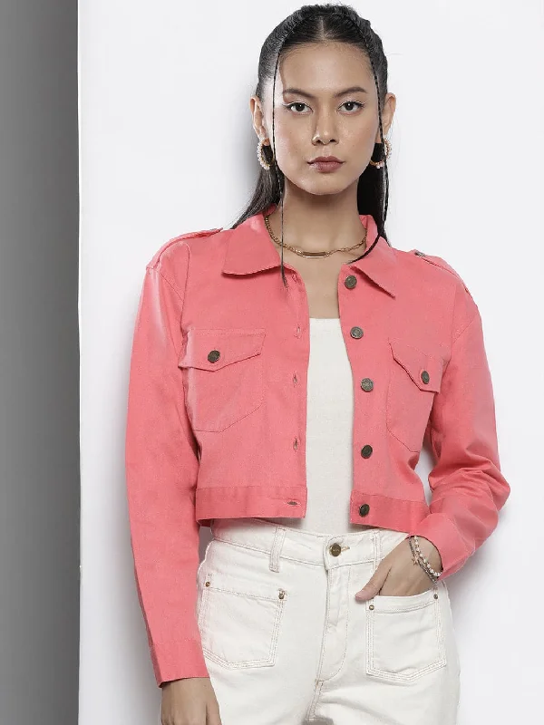 Women's Coats with SleevesWomen Pink Twill Crop Jacket