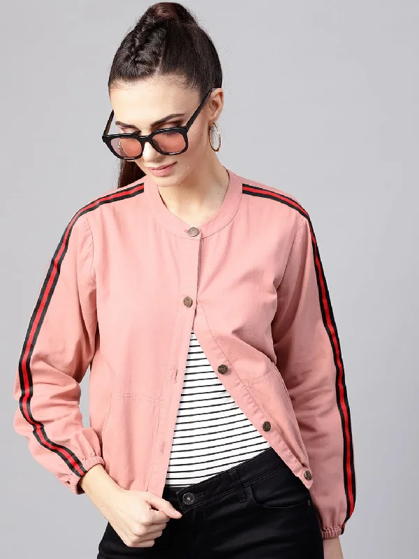 Women's Duffle CoatsPink Denim Bomber Sleeve Tape Jacket