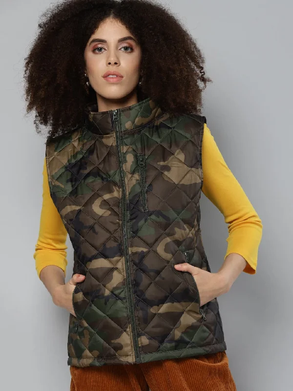 Women's Coats with ZipperGreen Camouflage Sleeveless Puffer Jacket