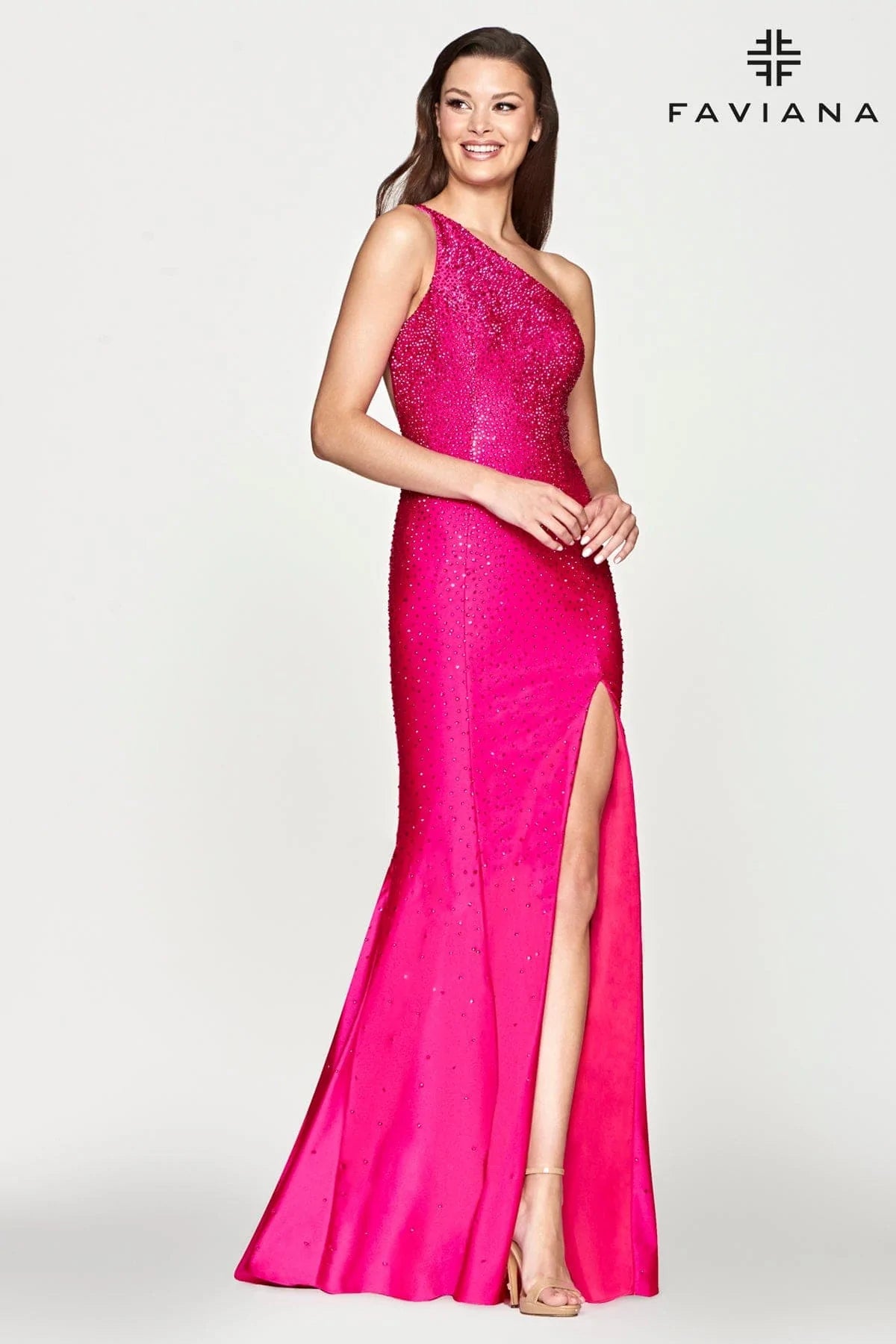 Women's Notched Collar DressesFaviana S10632 One Shoulder Heat Stone Gown | Hot Pink, Navy, Red, Black