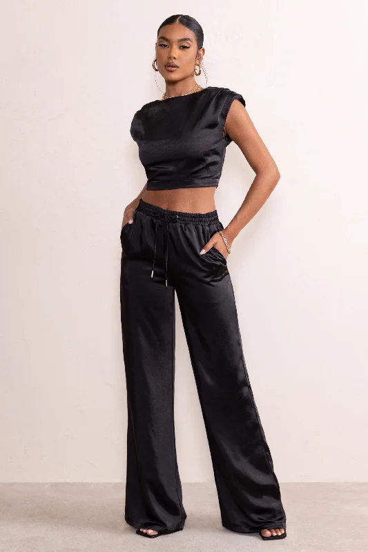 Women's Jumpsuits with Rounded HemKelilah | Black Satin Wide Leg Jogger With Pockets