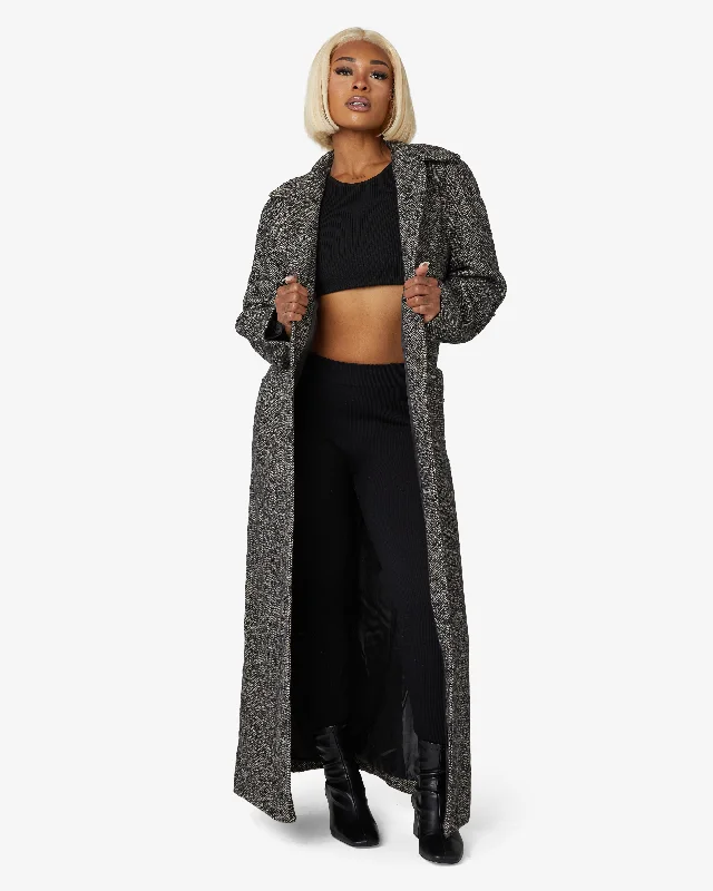 Women's Coats with Fur Trimmed ButtonsHerringbone Design Single Breasted Longline Coat (1204-HB)