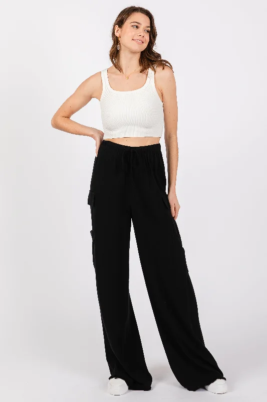 Women's Jodhpurs with High CollarBlack Pocketed Drawstring Pants