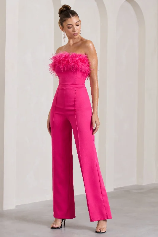 Women's Sleeveless JumpsuitsFirst Class | Hot Pink Bandeau Feather Wide Leg Jumpsuit