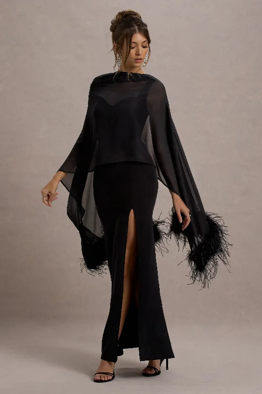 Women's Jumpsuits with HoodSwoon | Black Chiffon Feather-Trim Shawl