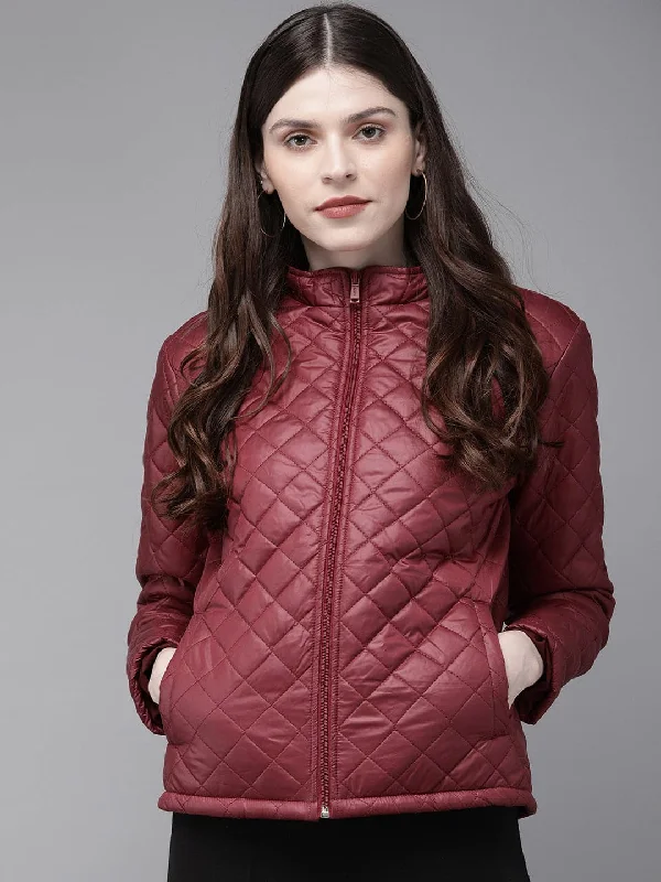 Stylish Women's CoatsBurgundy Quilted Hooded Puffer Jacket