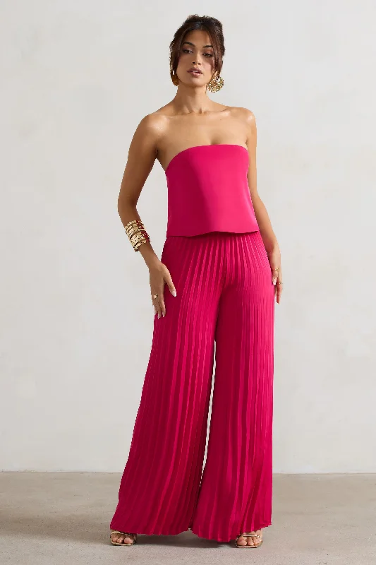 Women's Jumpsuits with Straight HemTammi | Dark Pink Satin Strapless Plisse Wide-Leg Jumpsuit