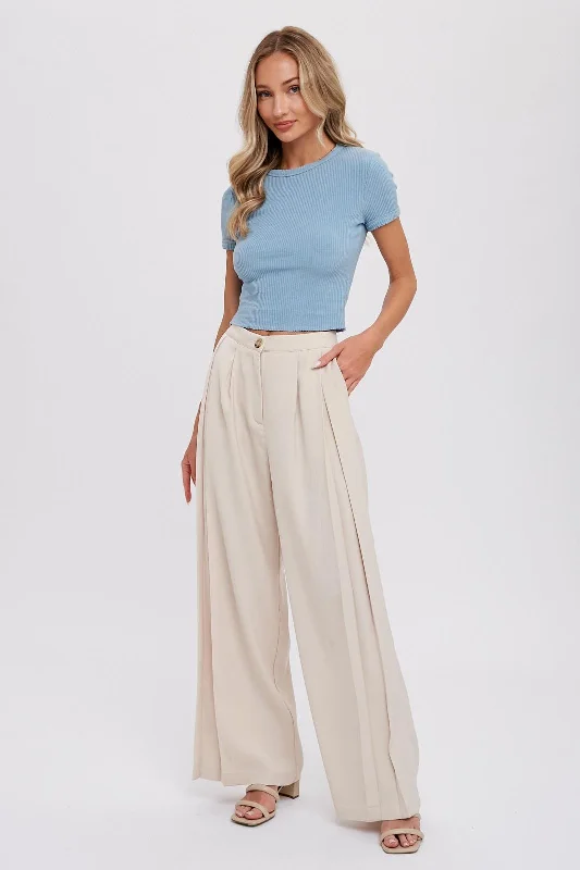 Women's Jodhpurs with Shawl CollarBeige Pintuck Wide Leg Pants