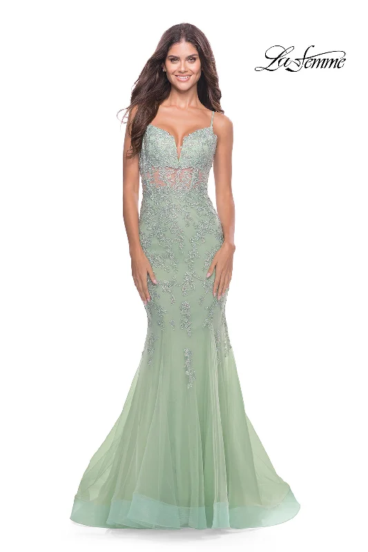 Women's Sleeveless DressesLa Femme 31579 Lace/Tulle Godet Gown