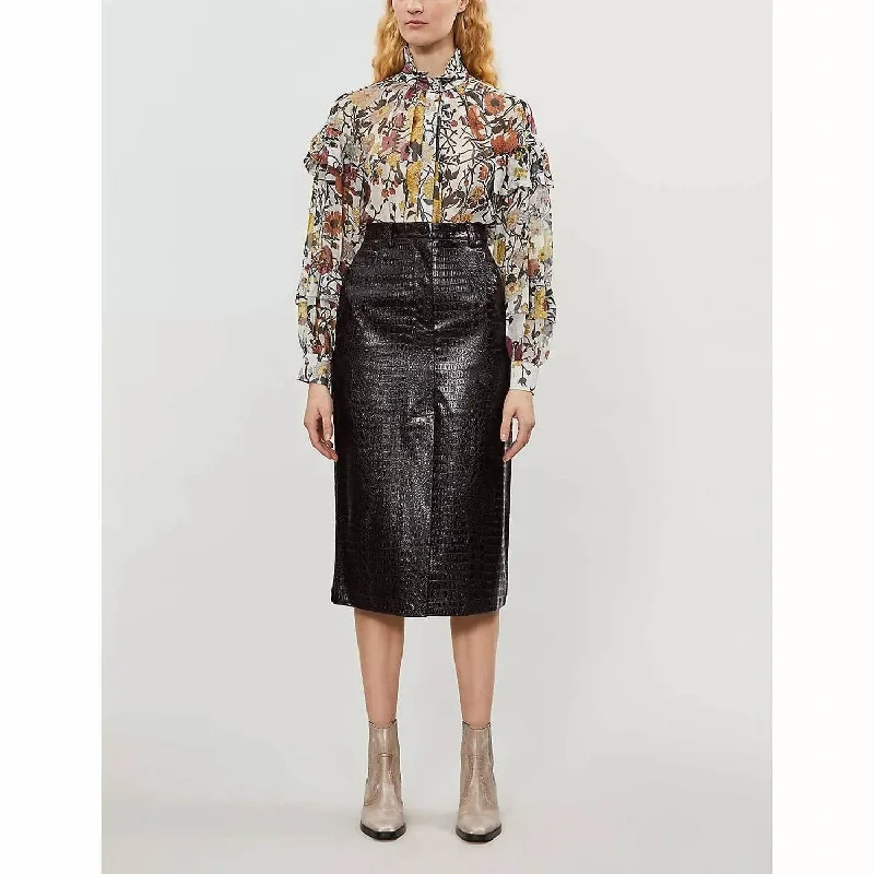 Women's Woven SkirtsCroc Embossed Vinyl Faux Leather Pencil Skirt In Brown