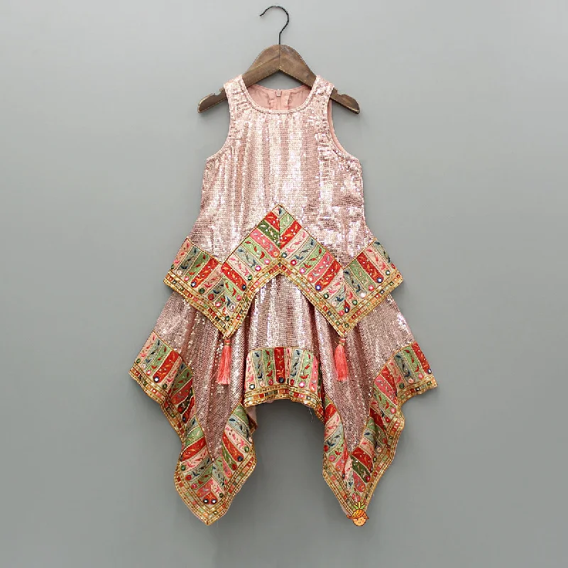 Women's Jumpsuits with Shawl CollarPeach Kurti Embellished With Sequins Work And Embroidered Lace Border