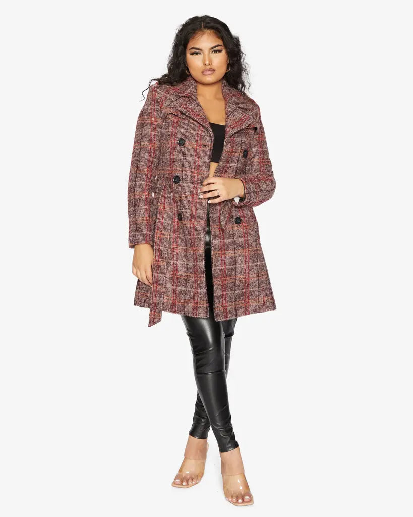 Women's Coats with Fur LiningWool Blend Check Double Breasted Military Coat