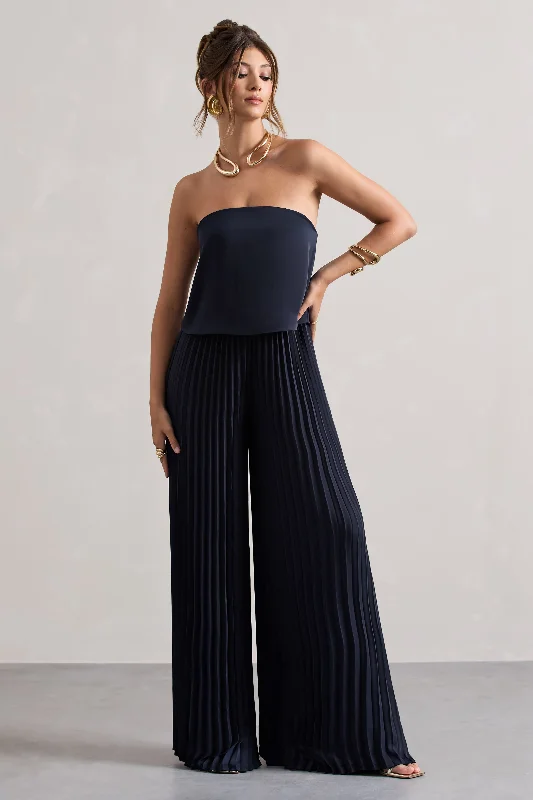 Women's Jumpsuits with Rounded CollarTammi | Navy Satin Strapless Plisse Wide-Leg Jumpsuit