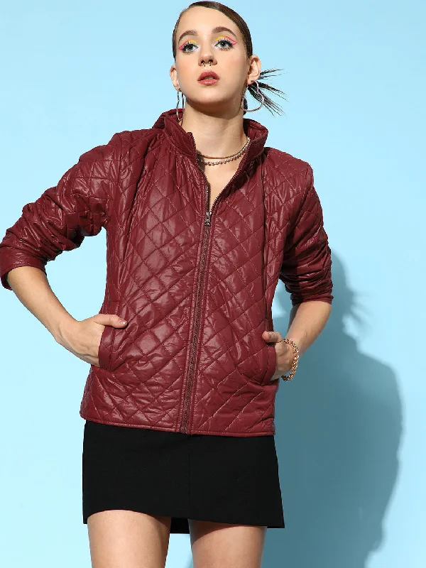 Women's Coats with Fur Trimmed CollarWomen Burgundy Quilted Hooded Puffer Jacket