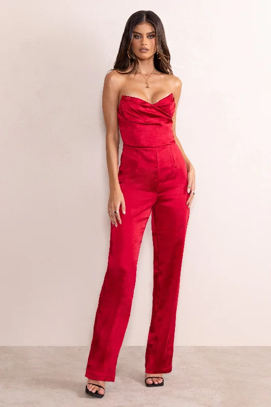 Women's Jumpsuits with Mandarin CollarAmiah | Berry Red Satin Strapless Straight Leg Jumpsuit