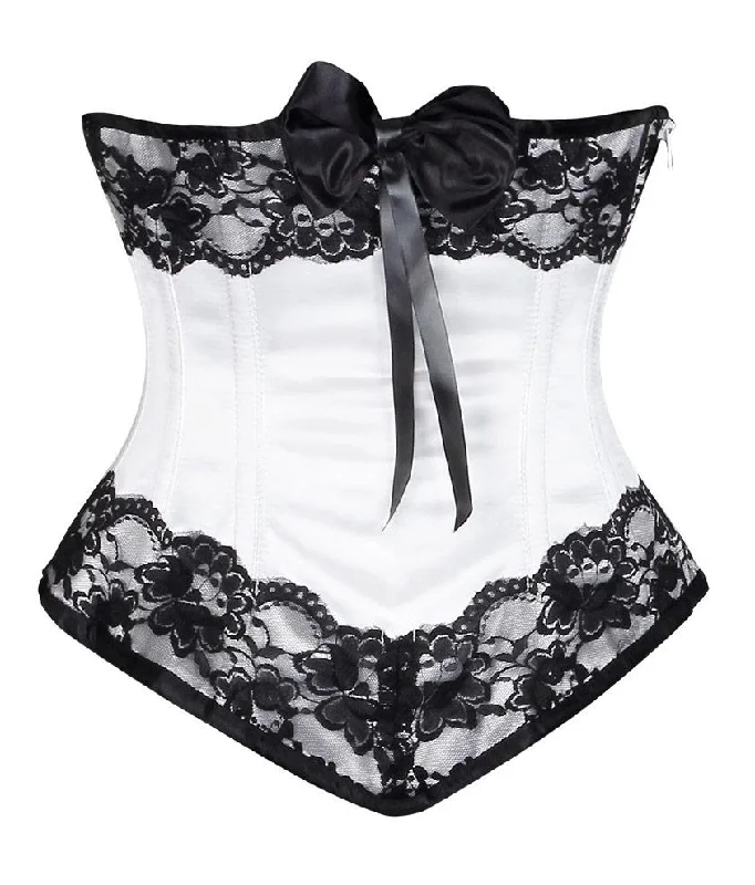 floral lace lingerie with matching pantiesCambriee White Satin Underbust Corset With Black Lace & Bow