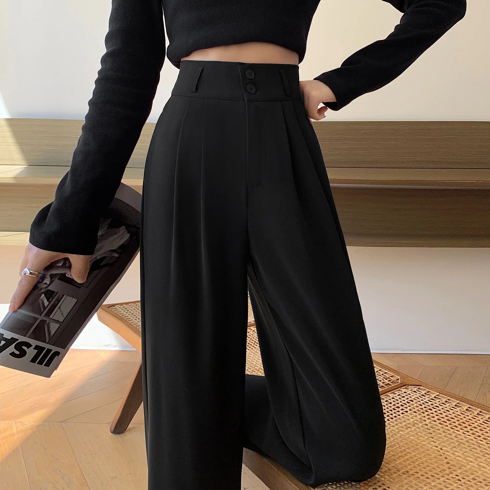 Women's Jodhpurs with U-Shaped CollarHigh Waisted Pants For Women 2024 New Fashion Button Up Wide Leg Office Ladies Pants