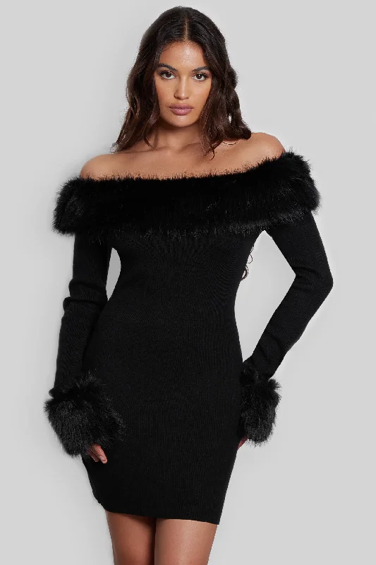 Women's V-Back DressesFira Fur Trim Knit Mini Dress