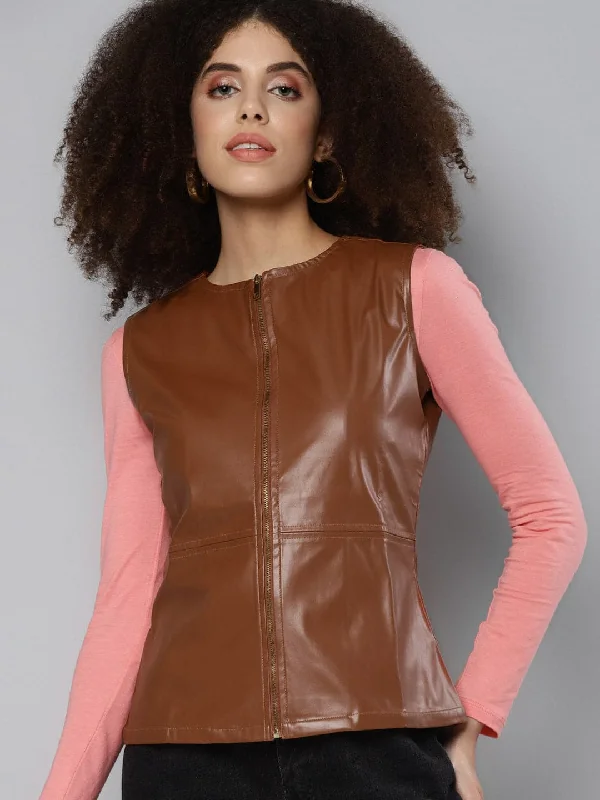 Women's Parka CoatsBrown Sleeveless PU Peplum Jacket