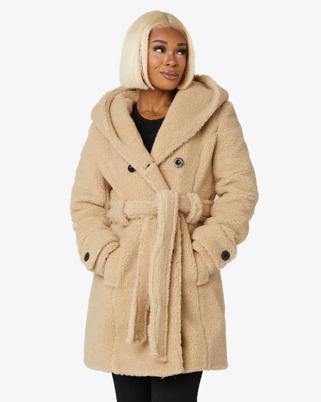 Women's Coats with BeltFleece Borg Slim Fit Shawl Hooded Teddy Coat (1325-TEDDY)