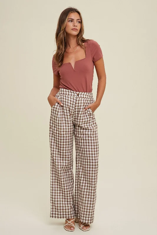 Women's Jodhpurs with U-Shaped CollarMocha Checkered Gauze Cotton Pants