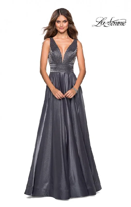 Women's Wide Collar DressesLa Femme 27205 Beaded Satin A-Line Gown with Pockets