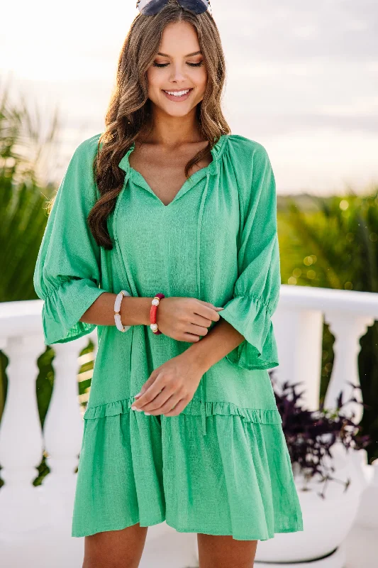 Women's High-Neck DressesAlways In The Lead Green Linen Dress