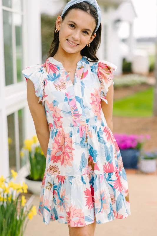 Women's Keyhole Collar DressesGirls: At This Time Blue Peach Combo Floral Dress