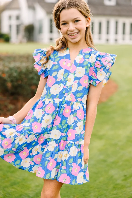 Women's Shirt Collar DressesGirls: At This Time Blue Pink Combo Floral Dress