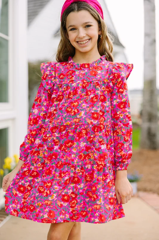 Women's Rounded Collar DressesGirls: Make My Day Fuchsia Pink Ditsy Floral L/S Babydoll Dress