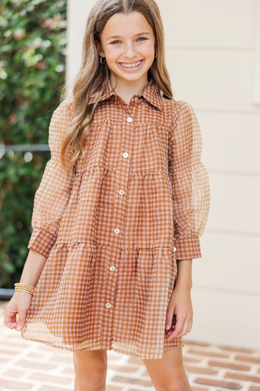 Women's Short-Sleeve DressesGirls: Take The Leap Butterscotch Brown Plaid Dress