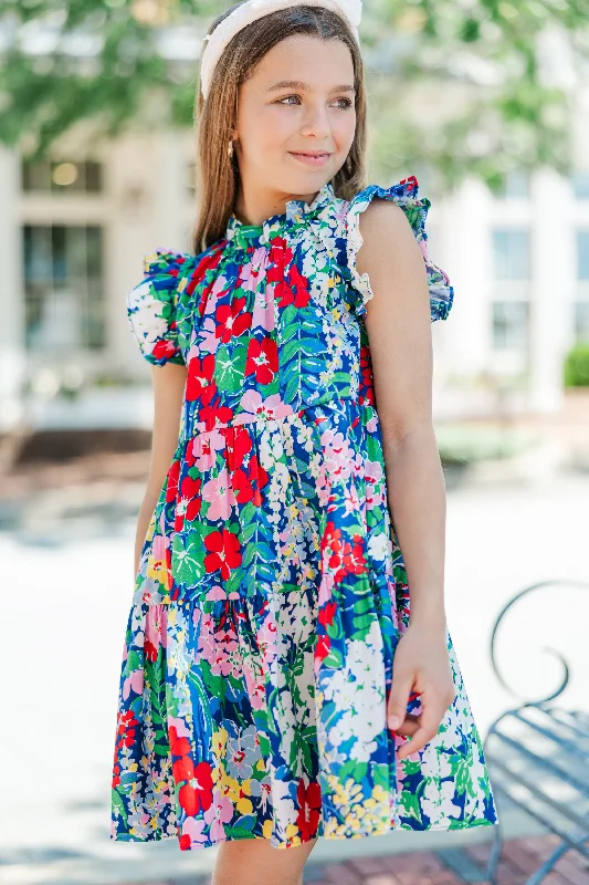 Women's Flared DressesGirls: What Dreams Are Made Of Navy Floral Ruffled Dress